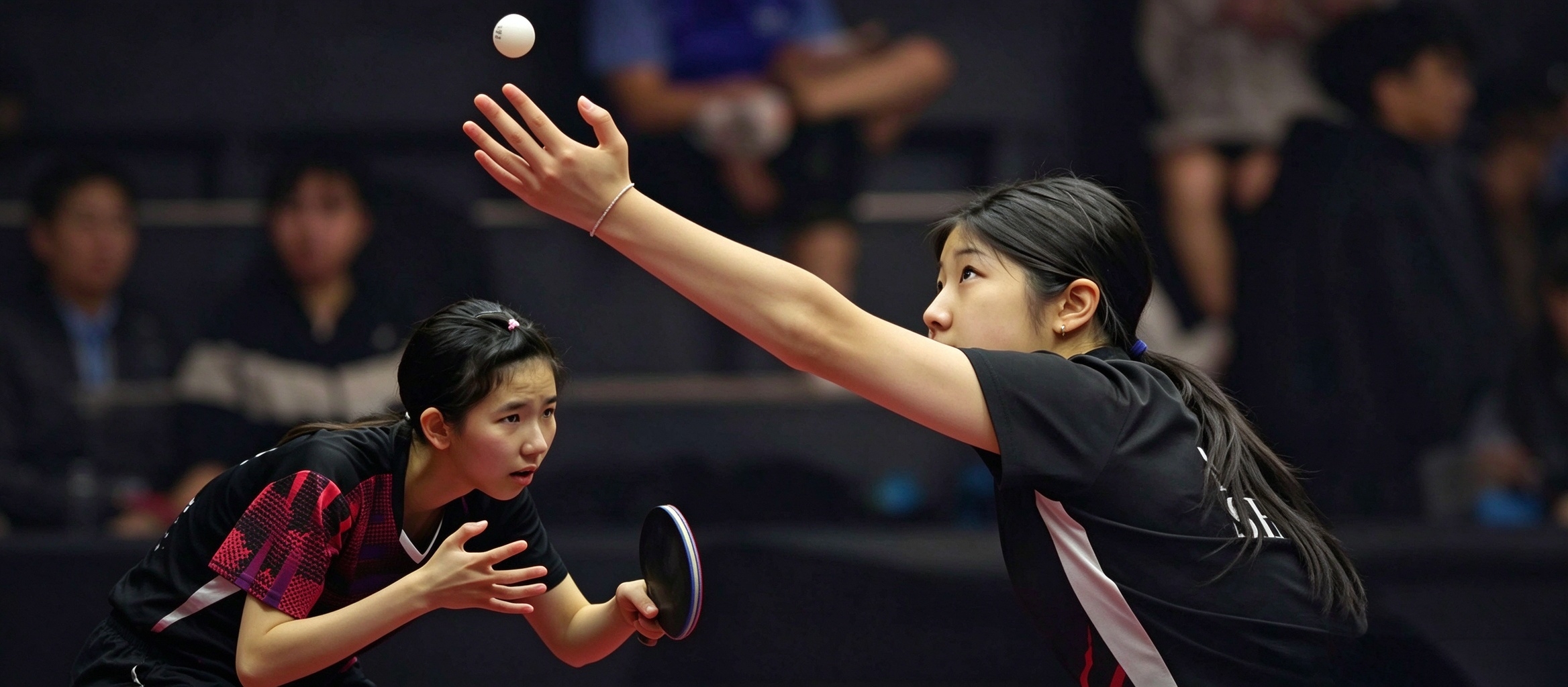 Two table tennis players during a match